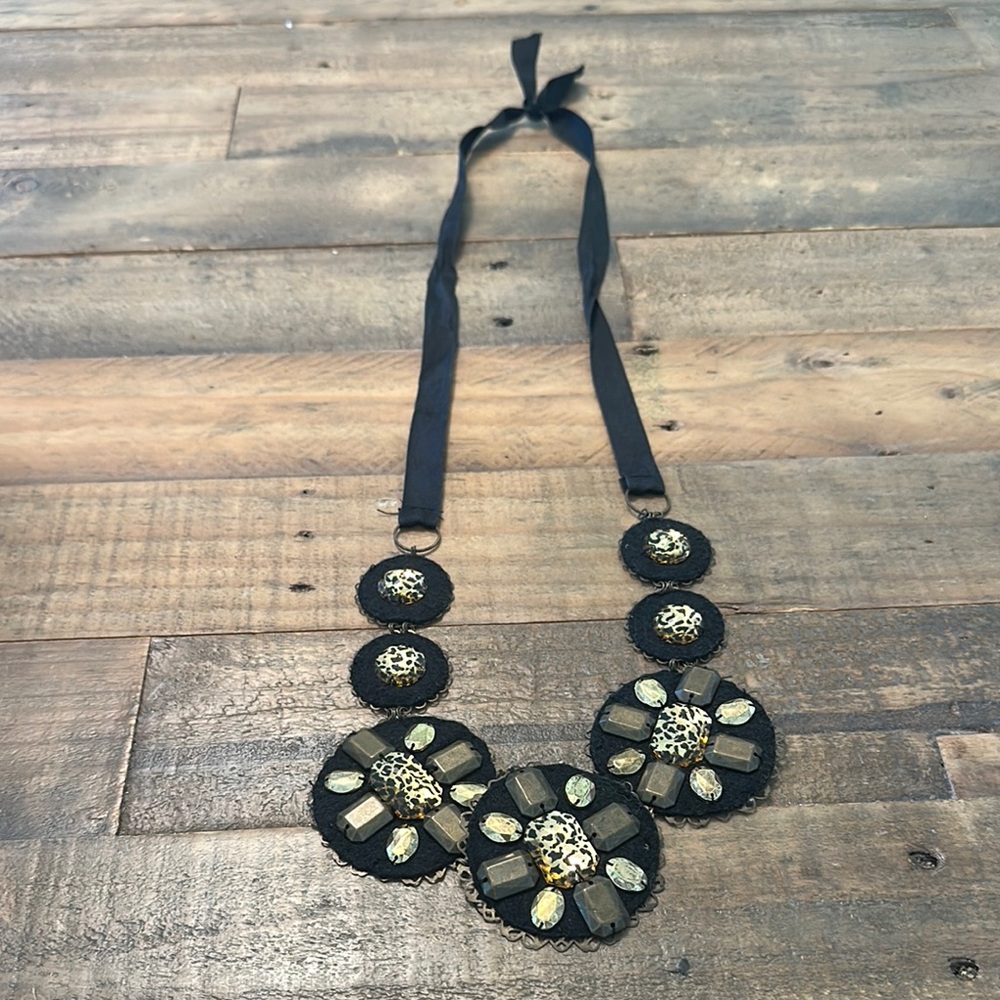 Black and Gold Statement Necklace on Grosgrain Ribbon